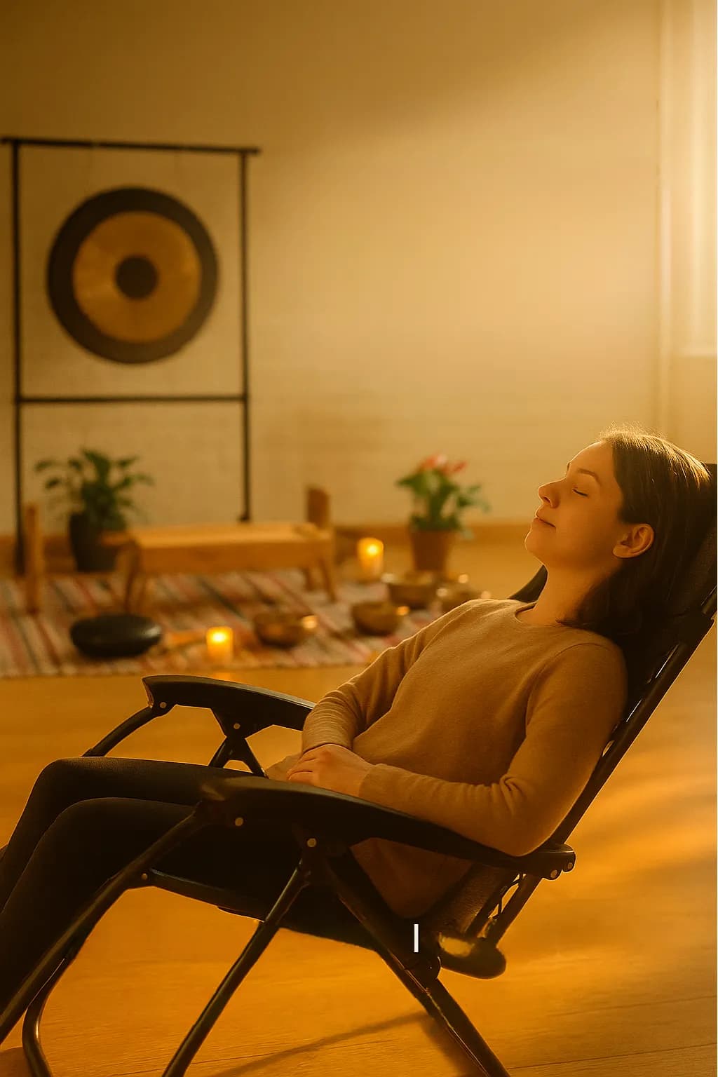 Attendee relaxing in a zero gravity chair during a sound bath, with a gong in the background and warm candlelight
